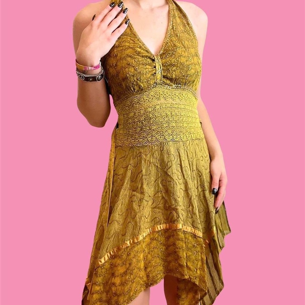 gorgeous boho hippie Fairy Yellow Babydoll style tank top dress with lace